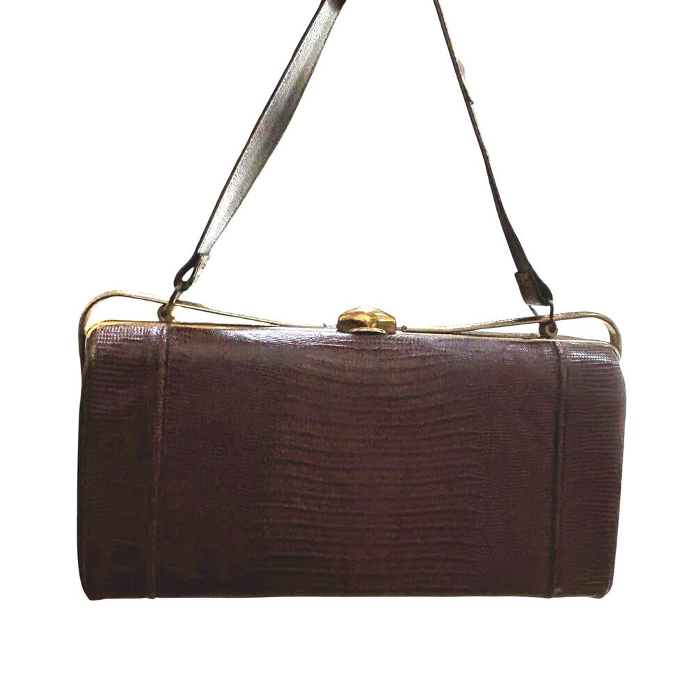 Vintage mid century pocketbook purse brown lizard skin leather top handle bag